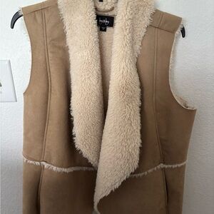 by & by Tan Suede-Look Sleeveless Vest with Cream Sherpa Lining
